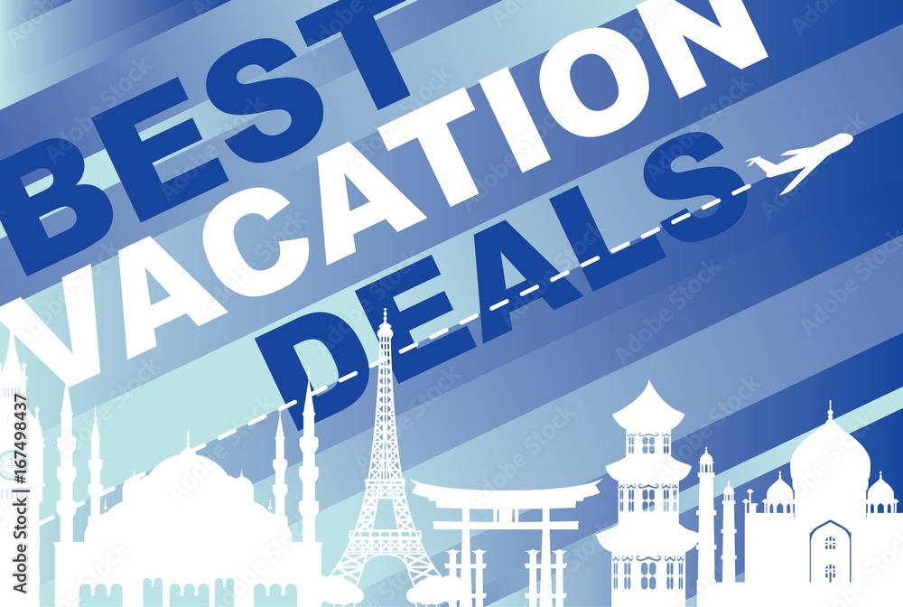 Vector banner best vacation deals for traveling with silhouettes of architectural landmarks and airplane on the blue abstract striped background