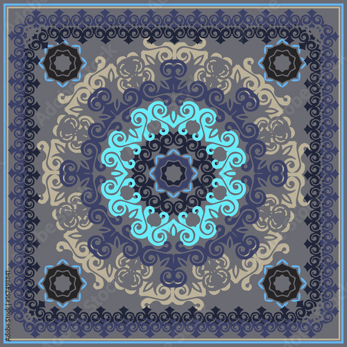 Mandala in the frame, bandanna design. Square geometric mandala pattern with ornate frame, tribal ethnic ornament. Bandanna shawl fabric print, silk neck scarf kerchief design. vector illustration