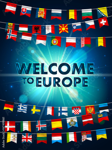 Colorful flags of different countries of the europe on shining blue background. Festive garlands of the international pennant. Bunting wreaths. Vector banner for celebration party, conference