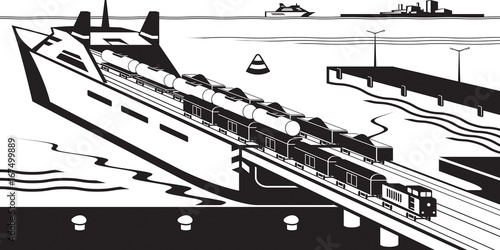 Rail freight wagons are loaded on ferry boat - vector illustration