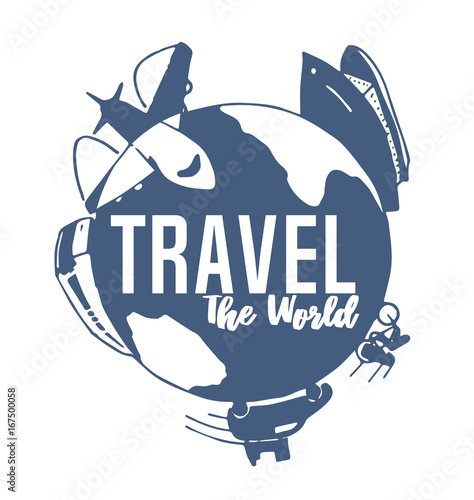 blue flat round logo about travelling with different kinds of transport on a symbolic earth