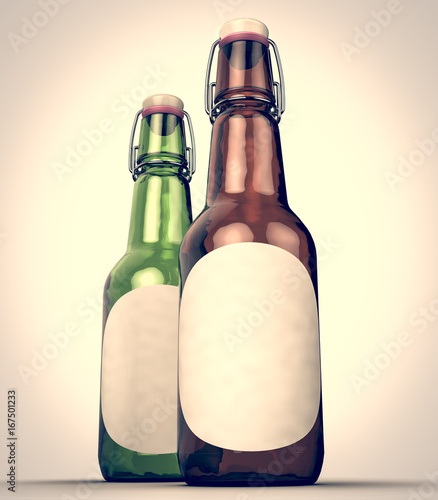 Beer bottle with blank label side by side. photo