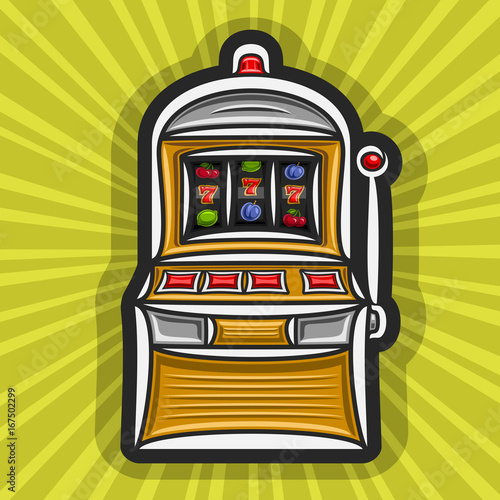 Vector poster for Slot Machine theme: gambling logo for online casino on yellow rays of light background, gamble sign with isolated vintage slot machine, on reel: lucky symbol of jackpot 777 & fruits.