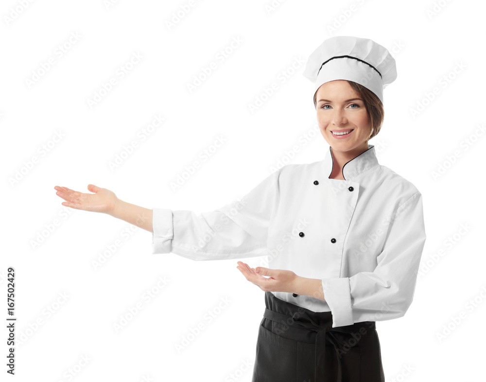 Female chef on white background