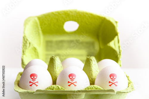 Eggs in a green paper package with the eggs painted with a red poisonous risk symbol skull and bones. Concept for food contamination egg scandal.
