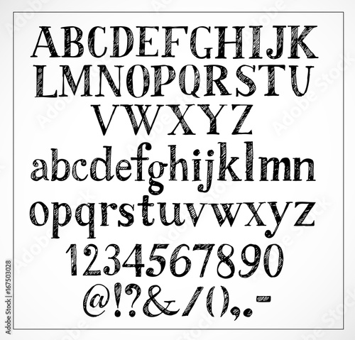 Hand drawn sketch font on white background