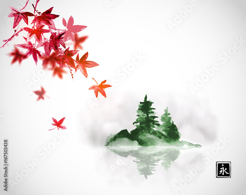 Red japanese maple leaves and island with green pine trees in fog. Traditional oriental ink painting sumi-e, u-sin, go-hua. Contains hieroglyph - happiness.