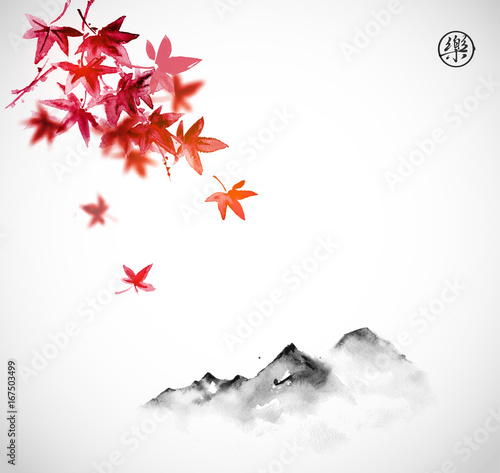 Red japanese maple leaves and far mountains in fog on white background. Traditional oriental ink painting sumi-e, u-sin, go-hua. Contains hieroglyph - joy.