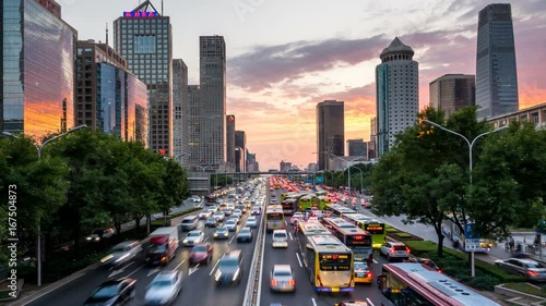 Time lapse of busy freeway traffic at sunset in beijing city，china  