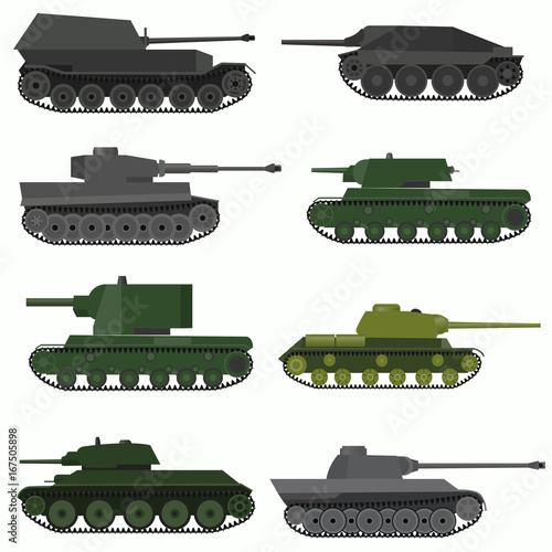Set of military vehicles and tanks. Flat design.