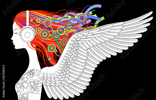 Linear drawing of girl head half-face with wings, color loose hair and head-phones