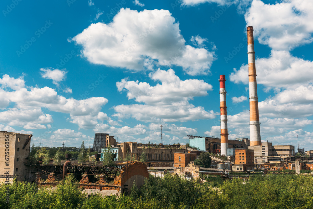 Industrial landscape. Metallurgical plant or factory. Pipes, factory buildings, steelworks, iron works