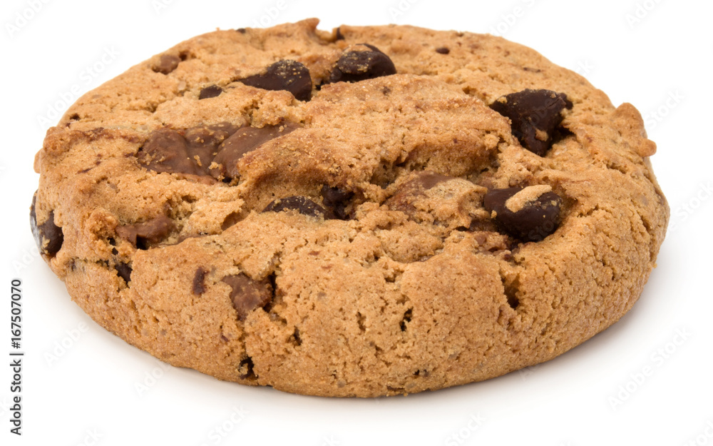 One Chocolate chip cookie isolated on white background. Sweet biscuit. Homemade pastry. One Chocolate chip cookie isolated on white background. Sweet biscuit. Homemade pastry.