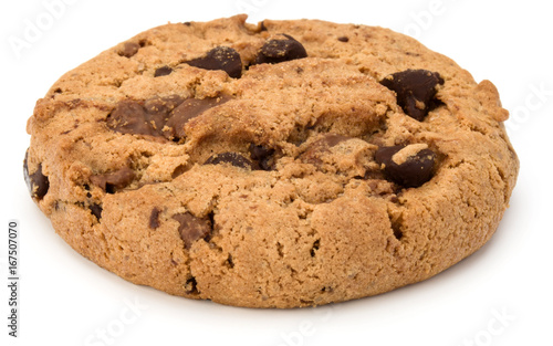 One Chocolate chip cookie isolated on white background. Sweet biscuit. Homemade pastry.