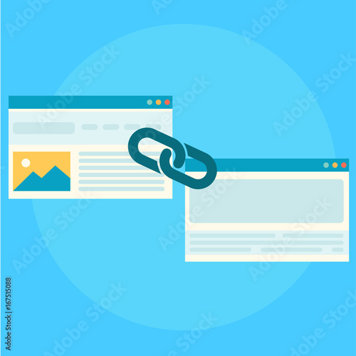 Link building for seo banner. Two pages are connected by a chain