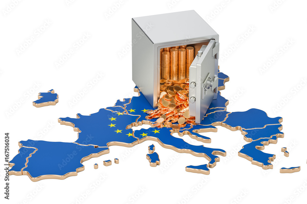 Fototapeta Safe box with golden coins on the map of European Union, 3D rendering