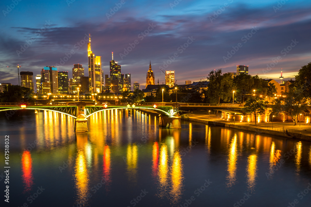 Illuminated Frankfurt skyline at night