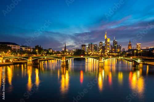 Illuminated Frankfurt skyline at night