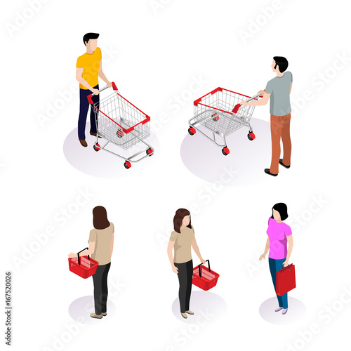 A selection on a white background people shopping in a supermarket, shoppers with baskets and carts