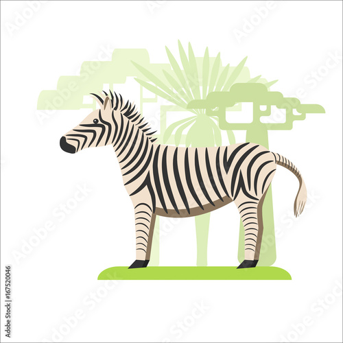 Image in a flat style, a zebra cartoon on the grass and in the background grow trees