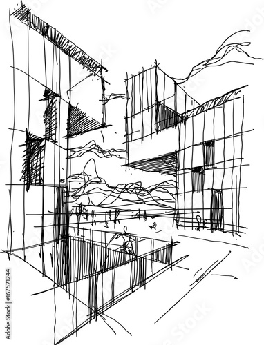 hand drawn architectural sketch of a modern abstract architecture with people around