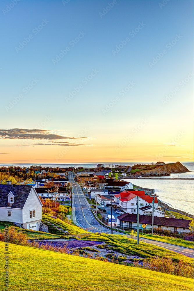 Perce, Gaspe Peninsula, Quebec, Canada, Gaspesie region with cityscape during sunrise