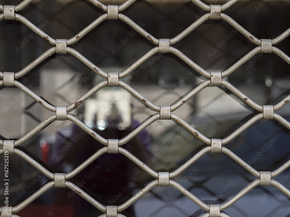 Fototapeta premium classic silver iron shop window lattice with blurred reflection