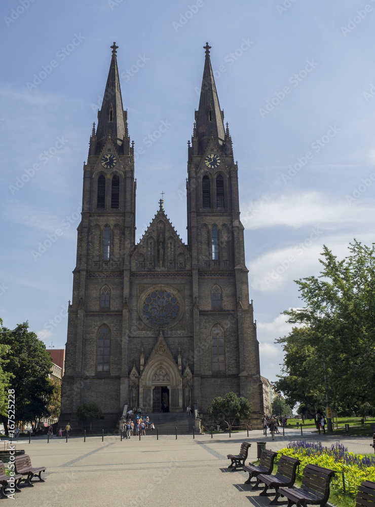 neoghotic church cathedral saint Ludmila on Prague Namesti miru in summer