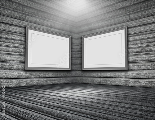 Fototapeta 3D grunge wooden room interior with blank picture frames
