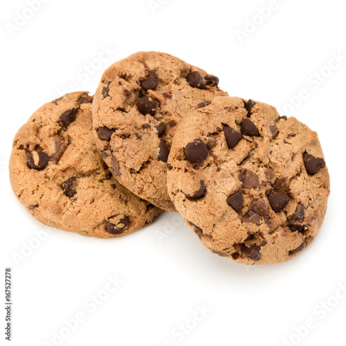 Three Chocolate chip cookies isolated on white background. Sweet biscuits. Homemade pastry.