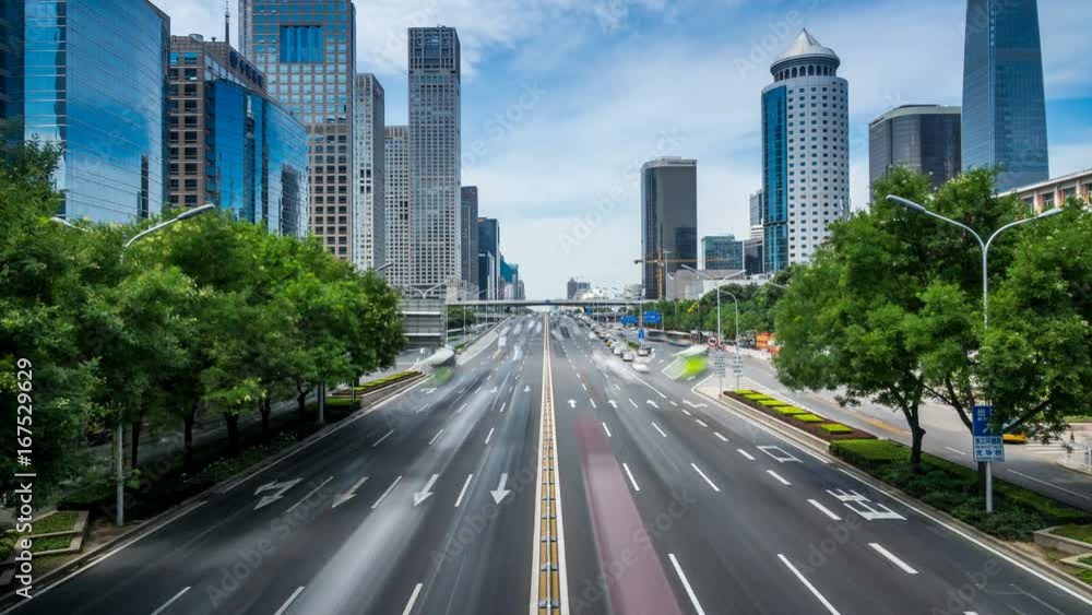 Time lapse of busy traffic and modern buildings in Beijing city , China. Time lapse of busy traffic and modern buildings in Beijing city , China.