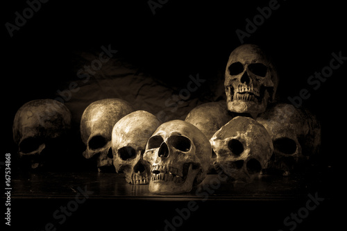 Genocides, Stacked human skulls at the Killing Fields, Sepia Tone