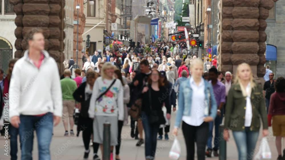 Crowd at Riksplan square and Riksbron bridge in Stockholm Sweden