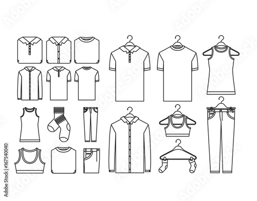 white background of contour set elements of clothes in hangers