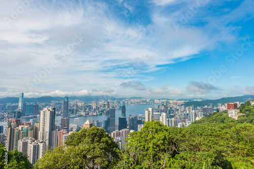VICTORIA PEAK, HONG KONG - AUGUST 4, 2017 : View from Victoria Peak toward Victoria Harbour and Kowloon