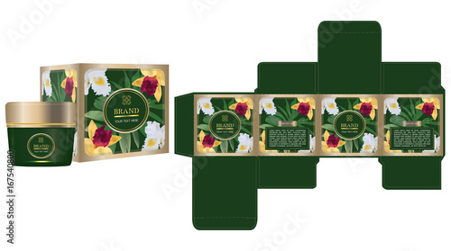 Label on packaging container with green tropical box design template and mockup box. Illustration vector