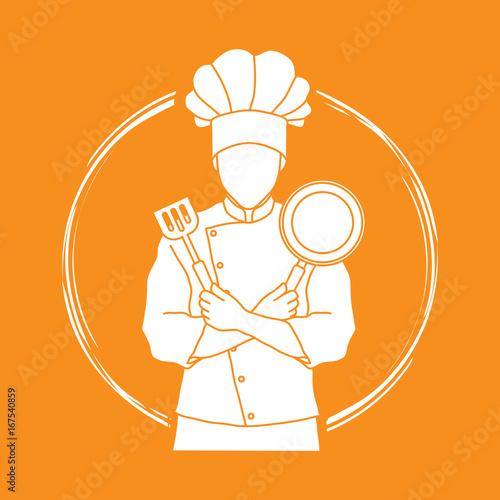 Chef cook standing crossed arms with pan and spatula graphic vector