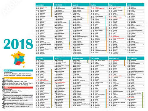 Calendrier annuel 2018 bleu en français. 12 mois en couleurs. Vacances scolaires, jours fériés, semaines numérotées.