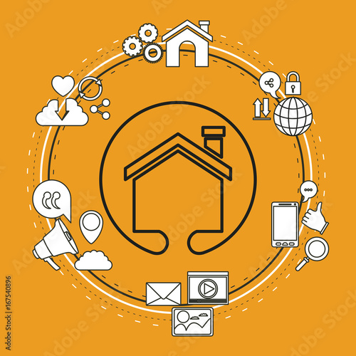 color background of circular frame of tech share internet icons and closeup silhouette house shape photo