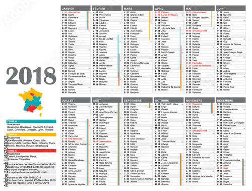 Calendrier annuel standard 2018 multicolore français. 12 mois en couleurs. Vacances scolaires, jours fériés, semaines numérotées.