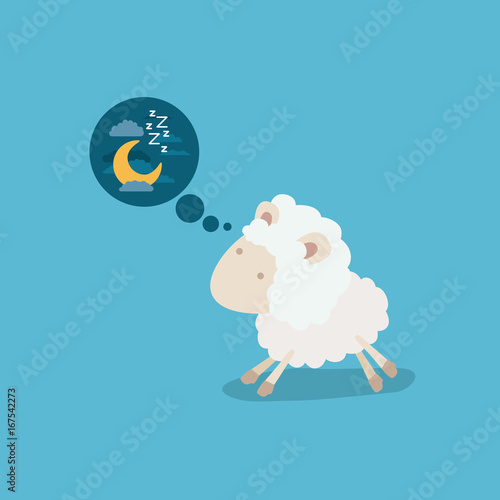 color background of cute sheep thinking in the night