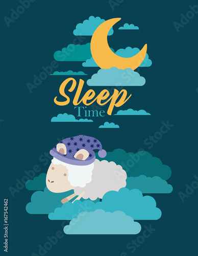 color poster scene night landscape of sleep time with sheeps in the clouds