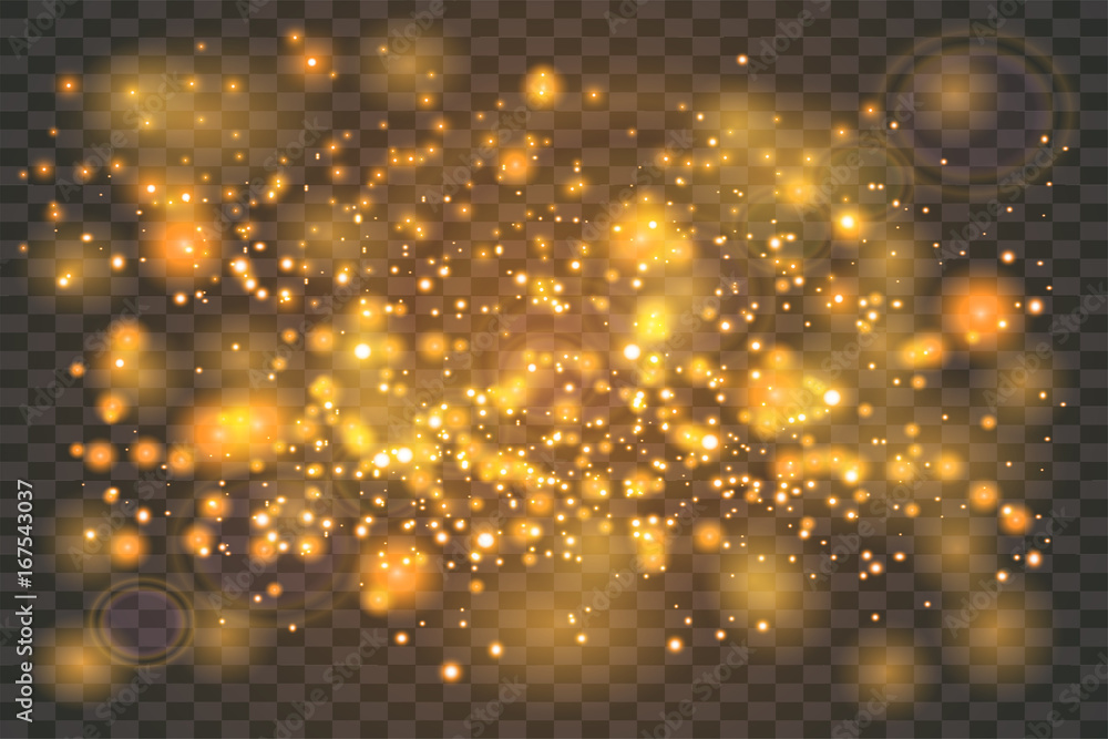golden glowing lights effects isolated on transparent background Golden star and sparkles or  gold  particle  glitter light. Merry Christmas festive background.defocused circle particle bokeh. 