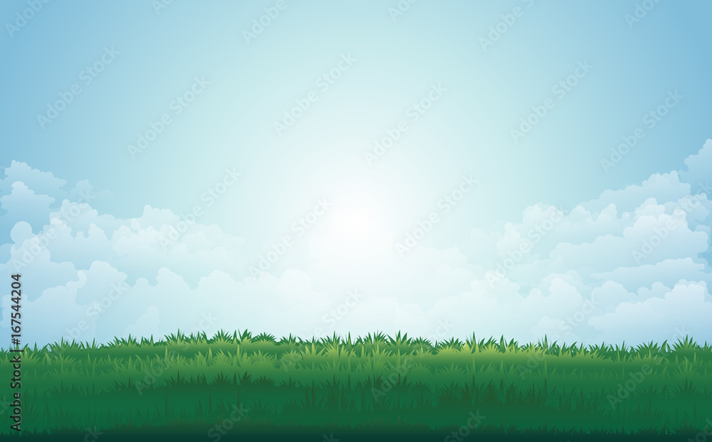 Summer green meadow and mountain peaks landscape with sunset. vector illustration