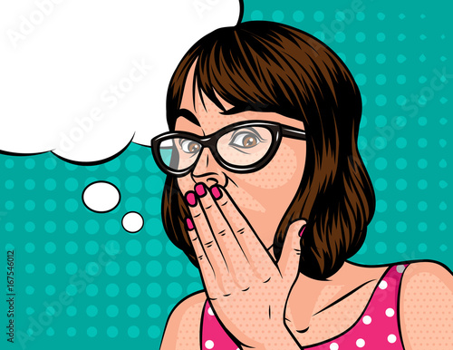 A Girl with a short hair in shocked emotion. Woman in glasses holds a hand near the mouth . The girl opened her mouth in surprise. Surprised  face with speech bubble on background of pop art style