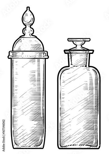 Potion, medicine bottle illustration, drawing, engraving, ink, line art, vector