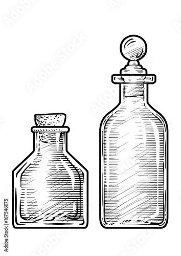 Potion, medicine bottle illustration, drawing, engraving, ink, line art, vector