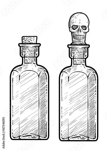 Potion, medicine bottle illustration, drawing, engraving, ink, line art, vector