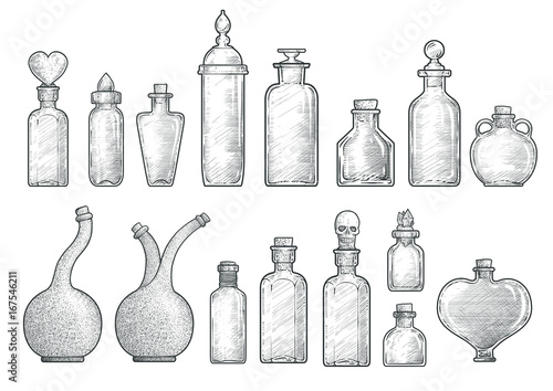 Potion, medicine bottle illustration, drawing, engraving, ink, line art, vector photo
