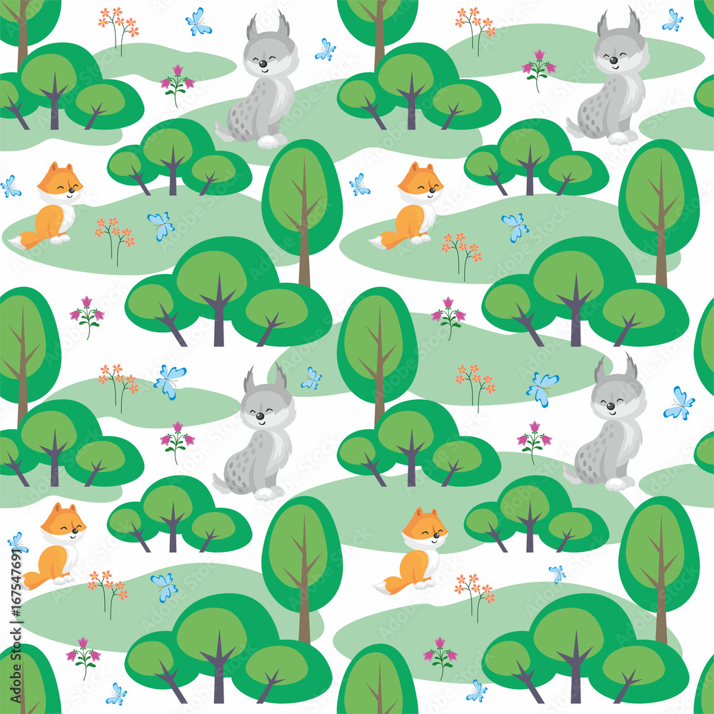 Fototapeta premium Baby colorful seamless pattern with the image of a cute woodland animals. Vector background.